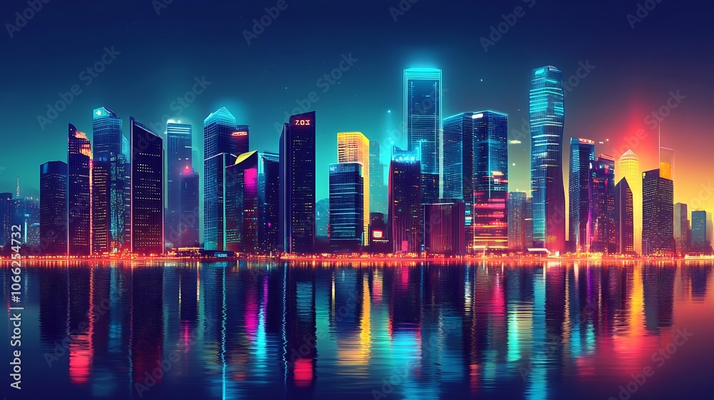 Fototapeta premium Neon-Lit Skyscrapers Reflecting in Still Water