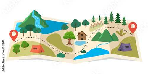 Cute hand drawn traveling map with mountains, tents, trees, hills landscape, adventure for banner, wallpaper, card.