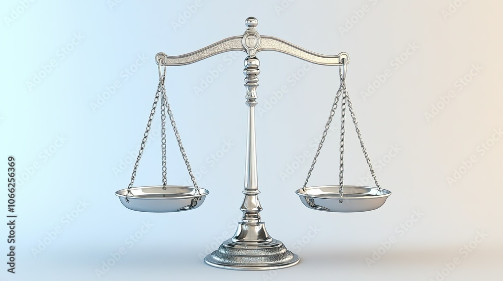 Silver scales of justice on a pale blue background, representing justice and balance with a calm, clear tone.
