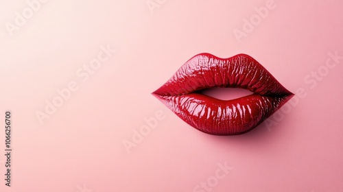 Single kiss mark in deep red lipstick on a soft light pink background, symbolizing a classic romantic gesture. photo