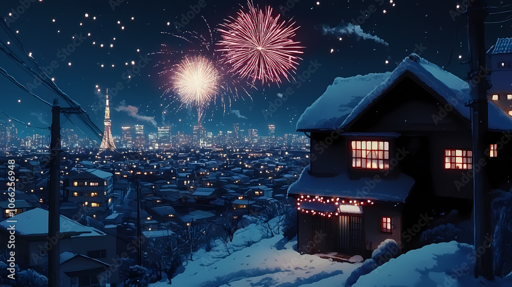 Obraz premium New Year’s Eve Fireworks in Anime Style: Midnight Cityscape Art