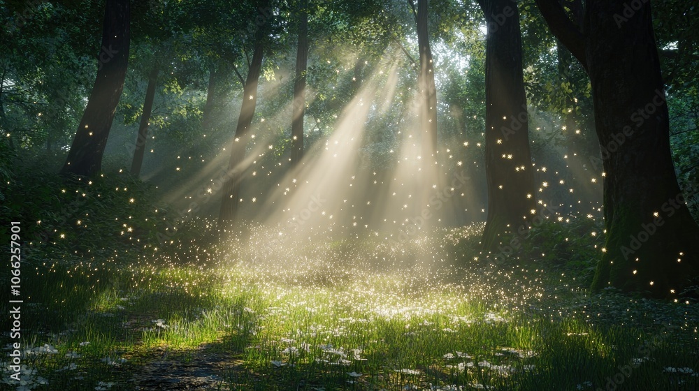 Fototapeta premium Sunlight streaming through a thick forest canopy, creating a magical light show on the ground.
