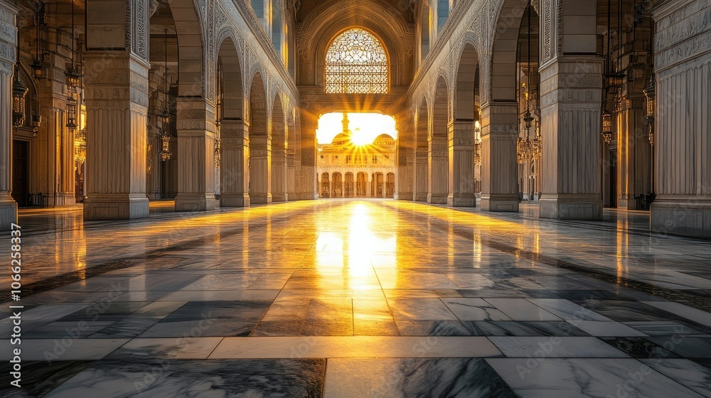 Obraz premium The Grand Mosque empty courtyards, reflecting the light of the setting sun on its marble floors, leading up to the Kaaba.