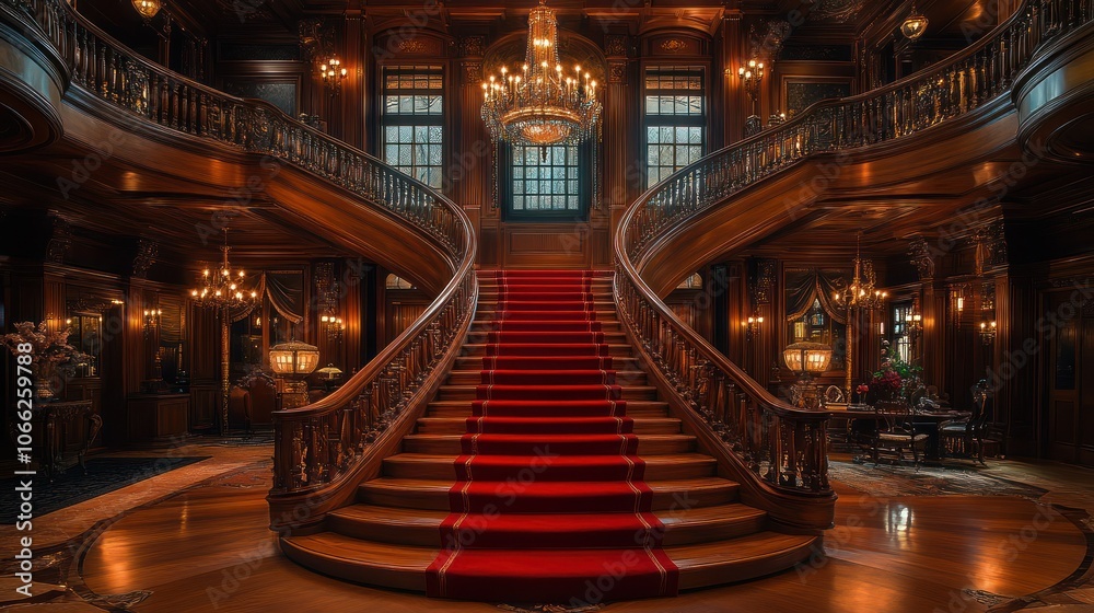 Fototapeta premium Grand staircase with plush red carpet, polished wood steps, and a chandelier.