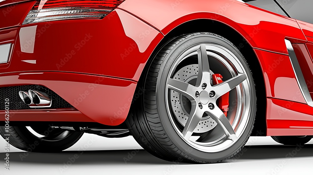 A close-up of a red sports car's rear wheel and brake system, showcasing its design. A close-up of a red sports car's rear wheel and brake system, showcasing its design.