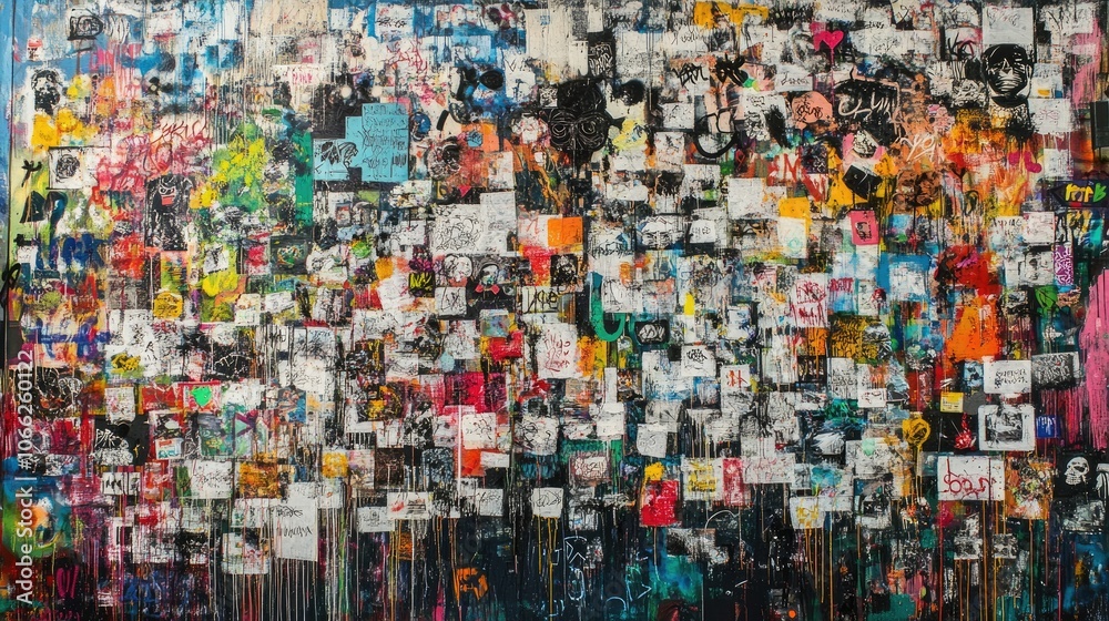 Urban wall covered with layers of graffiti, featuring bold and vibrant spray paint tags and large-scale street art designs. A chaotic yet captivating background. Urban wall covered with layers of graffiti, featuring bold and vibrant spray paint tags and large-scale street art designs. A chaotic yet captivating background.