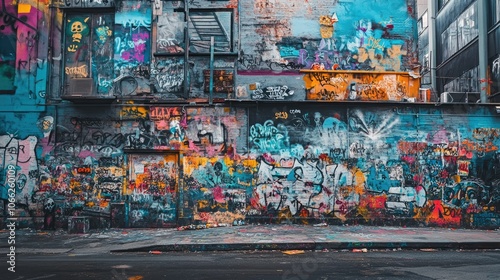 Wallpaper Mural Urban wall covered with layers of graffiti, featuring bold and vibrant spray paint tags and large-scale street art designs. A chaotic yet captivating background. Torontodigital.ca