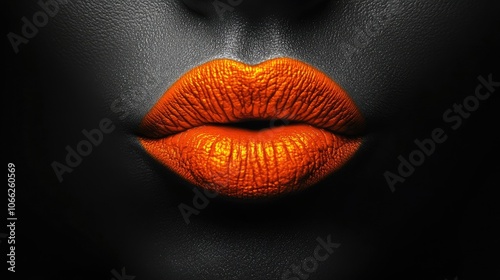 Vibrant kiss mark in orange lipstick on a stark black background, creating a striking and artistic contrast. photo