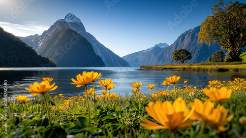 Fototapeta Naklejka Na Ścianę i Meble -  stunning landscape featuring vibrant yellow flowers in foreground, with majestic mountains and serene lake in background. scene captures beauty of nature, evoking sense of tranquility and wonder