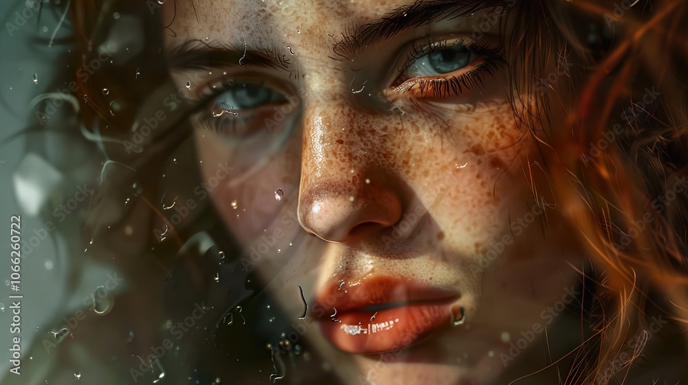 Close-up Portrait of a Woman with Blue Eyes and Freckles, Looking Through a Window with Rain Drops Close-up Portrait of a Woman with Blue Eyes and Freckles, Looking Through a Window with Rain Drops