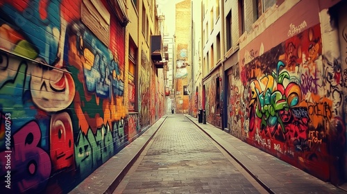 Vibrant street art covering a wall in an urban alleyway, filled with colorful graffiti and murals.