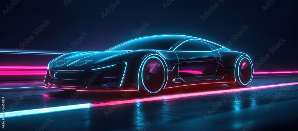 Naklejka premium Futuristic sports car glowing in neon light on a dark road.
