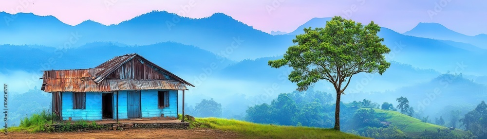 Obraz premium Abandoned village in misty hills, faded colors, calm and haunting beauty, nostalgic mood