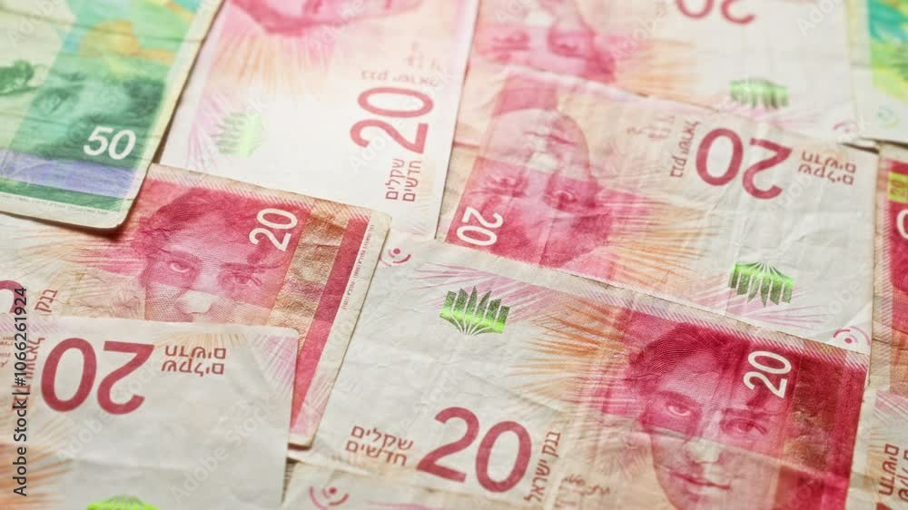 Israeli shekel banknotes scattered across a flat surface showcase their unique designs and vibrant colors, highlighting the country's currency. Israeli shekel banknotes scattered across a flat surface showcase their unique designs and vibrant colors, highlighting the country's currency.