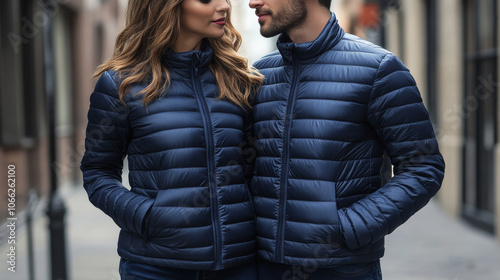 Caucasian man and woman wearing matching navy blue puffer jackets for winter season fashion , two people next to each other showing the beautiful dark blue color of their coats photo