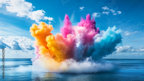 Explosion of colorful colors banner over water with smoke of purple yellow and red colours with blue sky in background