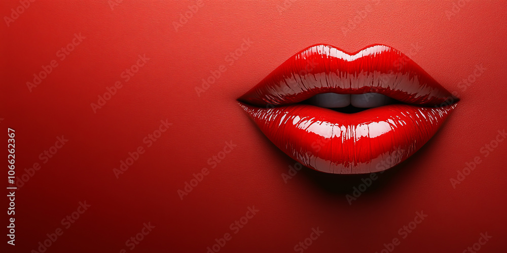 Obraz premium Red lips banner background with beautiful female lips macro view with lipstick and gloss makeup and red color backdrop with copy space