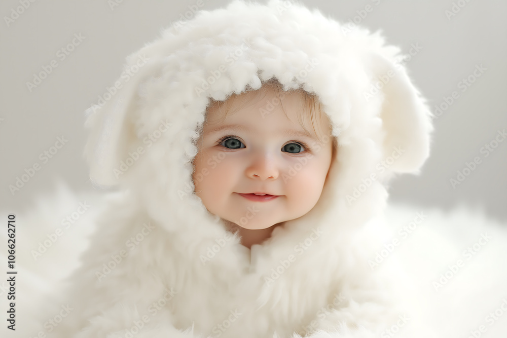 Smiling baby in a fluffy white sheep costume with hood
Smiling baby in a fluffy white sheep costume with hood
