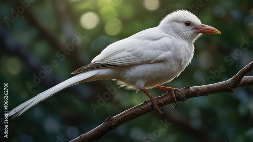 A beautiful albino magpie perched on a branch, its pure white feathers contrasting with the lush green foliage. The bird's bright red beak and eyes stand out from its pale feathers.