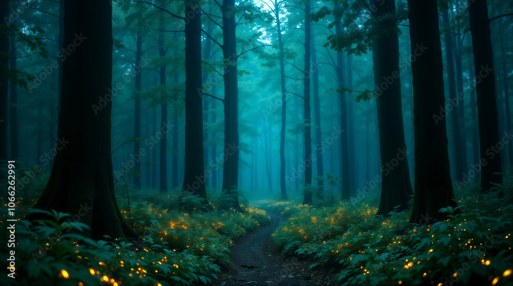 Obraz premium Enchanted Forest Path Illuminated by Dancing Fireflies in Mystical Night Atmosphere