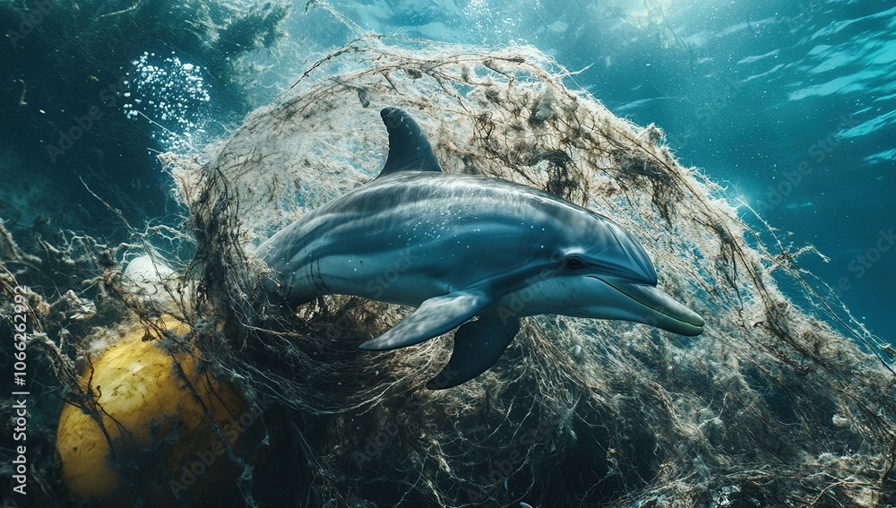 Naklejka premium A dolphin swims through a tangled net, highlighting the danger of ocean pollution.