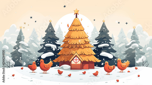 Holiday Chicken illustration with Christmas Trees and lights ~ Created using Generative AI