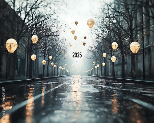 A serene, rainy street scene in 2025, adorned with glowing lanterns, evoking a calm, atmospheric vibe amidst leafless trees.