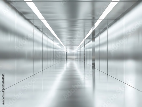 Wallpaper Mural A futuristic, metallic hallway illuminated with bright overhead lights, showcasing a sleek and minimalistic design. Torontodigital.ca
