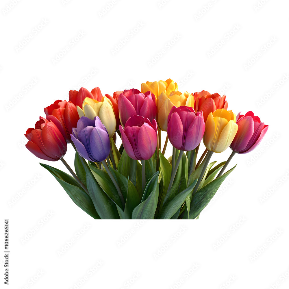 Fototapeta premium Vibrant bouquet of tulips in various colors, isolated on a white background, showcasing the beauty of spring flowers in full bloom.