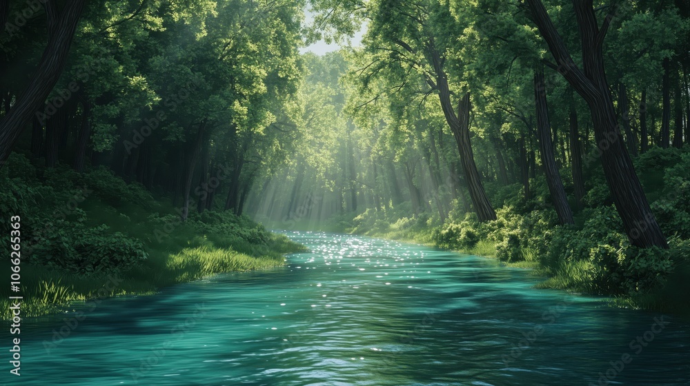 Fototapeta premium Serene River Flowing Through a Lush Green Forest - made with Generative AI