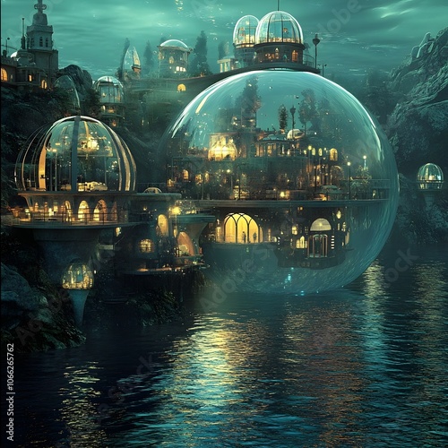 Captivating Underwater Bubble Dome Cities Showcasing Futuristic Marine Environments and Technological photo