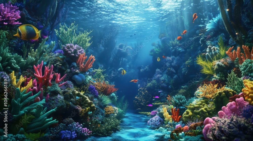 Fototapeta premium Underwater Coral Garden with Diverse Marine Life and Sun Rays - made with Generative AI
