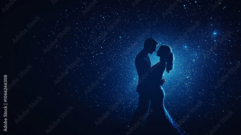 Naklejka premium couple slow dancing under stars, creating romantic atmosphere with beautiful silhouette against starry night sky