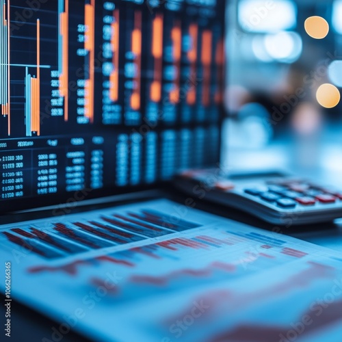 Financial Data Analysis Charts Graphs and Calculator on Desk