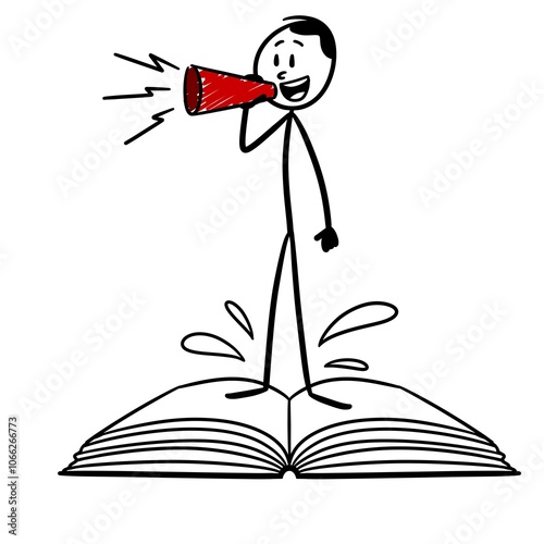 a person standing on a book holding a megaphone