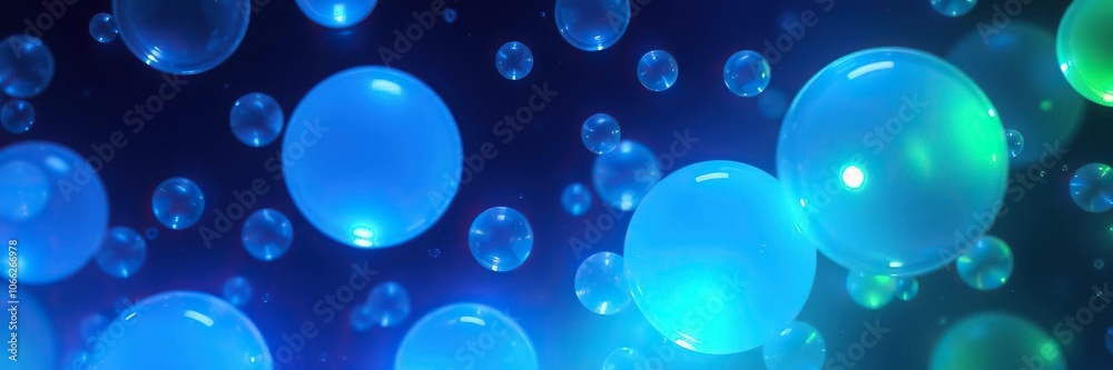 Glowing orbs of blue and green suspended in a translucent liquid, luminescent orbs, shimmering lights Glowing orbs of blue and green suspended in a translucent liquid, luminescent orbs, shimmering lights