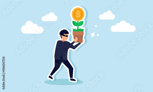 A thief carrying a dollar coin plant, illustration of corruption by a business person intending to harm a business company