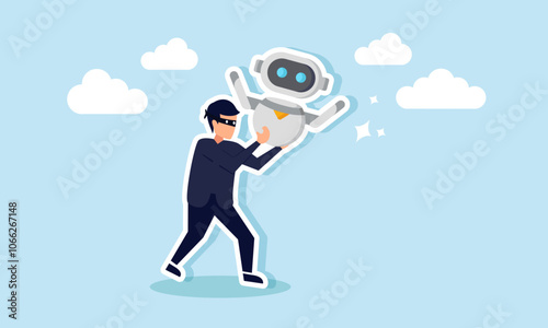 A thief carrying an AI robot, illustration of stealing ideas and sabotaging AI use in a business company