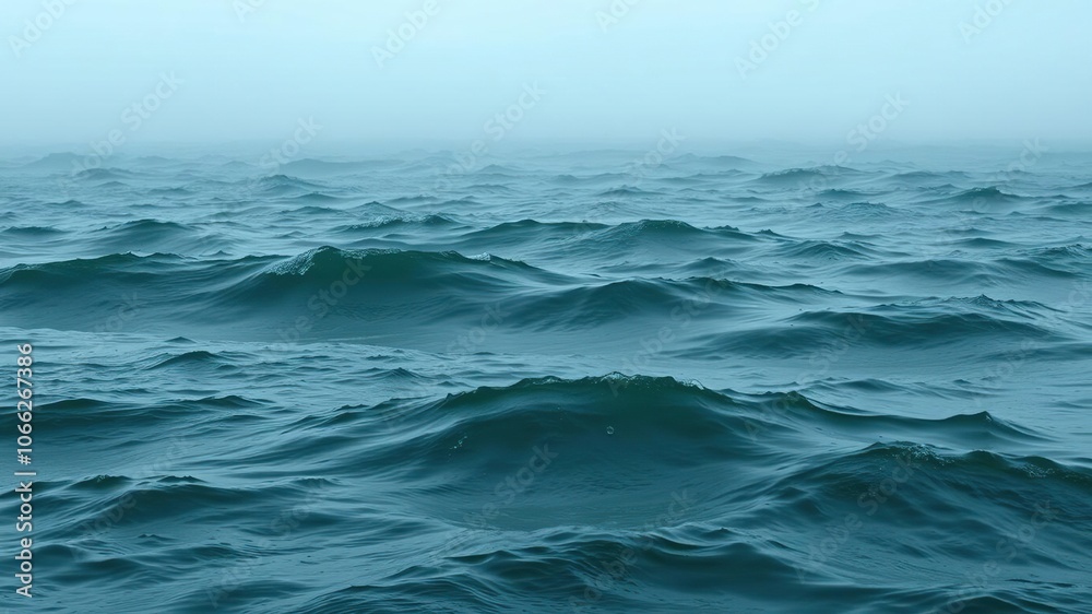 Fototapeta premium Ocean wave pattern in shades of green and blue under a misty sky, sea spray, serene environment, atmospheric conditions