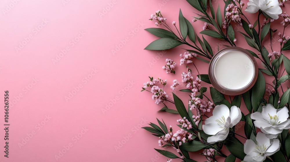 A jar of cream surrounded by flowers and leaves on a pink background. A jar of cream surrounded by flowers and leaves on a pink background.