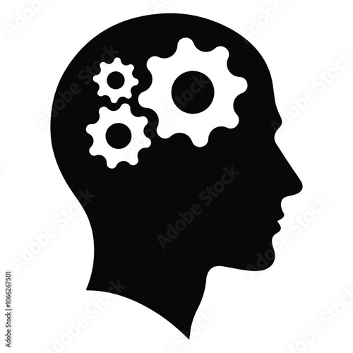Vector icon representing Critical thinking and intelligent problem solving skills. Gears cogs in head. Human, man head silhouette. Symbol for apps and websites.