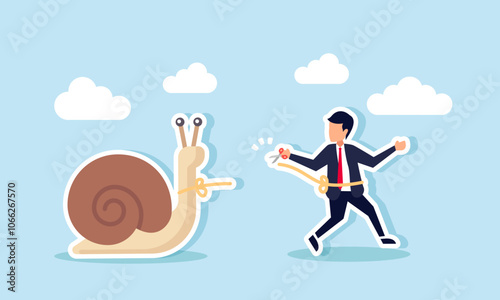 A businessman cuts the rope binding him with a snail using scissors, illustration of breaking free from things slowing down a business company's performance