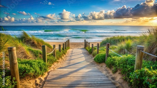 Pathway leading to beach at ocean shore, pathway, beach, ocean, shore, sand, water, waves, serene, tranquil, peaceful