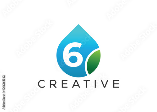 Creative and innovative number six and drop leaf logo design. Eco drop logo