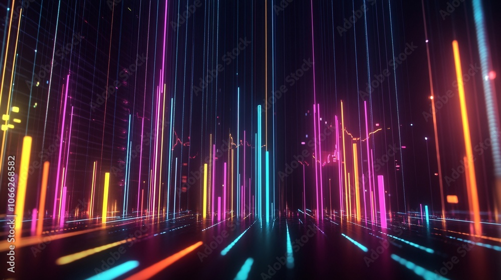 63.A 3D rendered financial graph with multiple lines representing different market indicators, set against a dark background. The graph is illuminated with neon colors, while abstract bars rise from 63.A 3D rendered financial graph with multiple lines representing different market indicators, set against a dark background. The graph is illuminated with neon colors, while abstract bars rise from