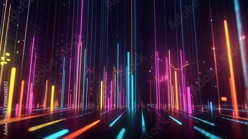 Wallpaper Mural 63.A 3D rendered financial graph with multiple lines representing different market indicators, set against a dark background. The graph is illuminated with neon colors, while abstract bars rise from Torontodigital.ca