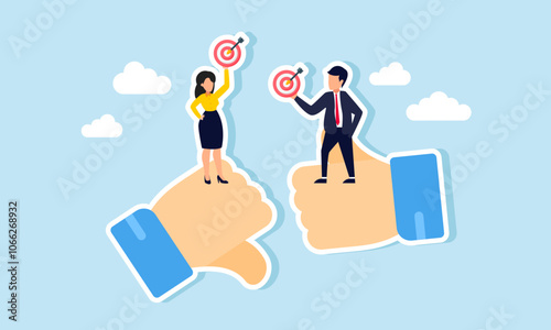 A businessman stands on a thumbs-up sign and a businesswoman on the opposite side, each holding a target board, illustration of differing opinions in setting business targets