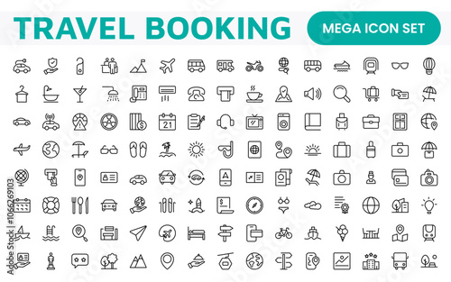 Travel Booking Icon Set. Stylish and user-friendly icons for enhancing travel apps, websites, and services, perfect for streamlining flight searches, hotel bookings, and adventure planning.