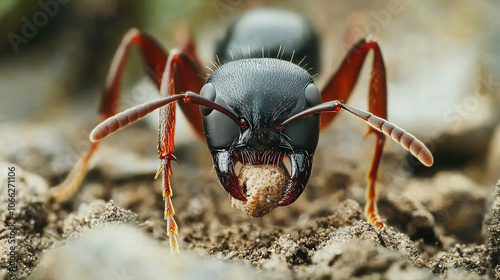 Ants display incredible strength as they carry food back to their nest in a stunning close-up macro shot photo