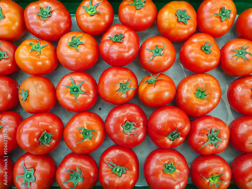 Fresh tomatoes, top view. Pile of tomatoes in the market. Fresh tomatoes, top view. Pile of tomatoes in the market.